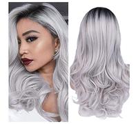 Quantum Love Parrucca da donna con capelli lunghi ondulati e rigati, colore grigio sfumato, parrucca sintetica lunga e riccia, per feste quotidiane