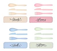 Quanyuchang Set di 4 posate in plastica per uso alimentare, con cucchiaio, coltello, forchetta, infrangibili, ecologiche, riutilizzabili, graziose custodie per bambini, adulti, viaggi, picnic,