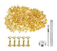 QUARKZMAN 100 Set di Rivetti in Pelle 10 x 6mm Elementi Fissaggio Borchie Rivetto a Doppio Cappuccio Metallo con 3 Attrezzi Montaggio per Artigianato Pelle Riparazioni, Tono Oro