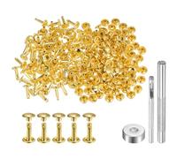 QUARKZMAN 100 Set di Rivetti in Pelle 10 x 7mm Elementi Fissaggio Borchie Rivetto a Doppio Cappuccio Metallo con 3 Attrezzi Montaggio per Artigianato Pelle Riparazioni, Tono Oro