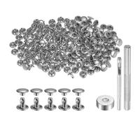 QUARKZMAN 100 Set di Rivetti in Pelle 6 x 8mm Elementi Fissaggio Borchie Rivetto a Doppio Cappuccio Metallo con 3 Attrezzi Montaggio per Artigianato Pelle Riparazioni, Tono Argento