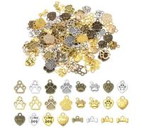 QUARKZMAN 100Pcs 5 Stili Charm A Forma Di Zampe Di Cane, Charm A Cuore Stile Strisce In Lega Pendenti A Forma Impronta Animale A Osso Per Cane Per Cani Forati Per Creazione Gioielli,