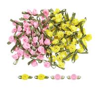 QUARKZMAN 100Pz Mini Rose Finte Giallo/Rosa 1.5x3cm Fiori Artificiali Mini Rose Nastro Finti per Decorazioni Cucito Applicazioni Lavoretti Piccoli Fiocchi in Raso Fiori