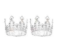 QUARKZMAN 2 mini corone per torte, in lega, regina, principessa, piccola corona in argento, a forma di cuore, con strass per torta di compleanno, corone quadrate con diamanti