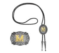 QUARKZMAN 2 Pcs Western Cowboy Bolo Tie And Belt Buckle Set Golden Initial Letter M Cowhide Rope Necktie For Women Men Costume Traditional Vintage Accessories, Grey Black/Gold