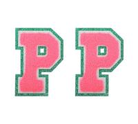 QUARKZMAN 2 Pezze Lettere In Pelliccia Chenille 3.1" Lettere Da Cucire O Da Stirare Patch Con Bordo Verde Brillante Alfabeto Ricamato Applicazioni Rosa Rossa