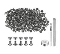QUARKZMAN 200 Set di Rivetti in Pelle 6 x 6mm Elementi Fissaggio Borchie Rivetto a Doppio Cappuccio Metallo con 3 Attrezzi Montaggio per Artigianato Pelle Riparazioni, Grigio Metallico