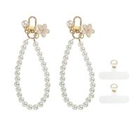 QUARKZMAN 2Pcs Charm Per Telefono Con Perline (13cm, Fiore Bianco) - Cinturino Per Telefono A Collana Di Perle Catena Polso Con Linguetta Di Sicurezza Smartphone Donne Fotocamere