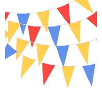 QUARKZMAN 30M/108ft Rosso Blu Giallo Bandiera Striscione Cordoncino Appeso con 64pz Bandiere Triangolari Bandierine per Giardino Esterno Matrimonio Festa Compleanno