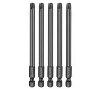 QUARKZMAN 5Pz T30 Security Torx Head Screwdriver Bit 1/4" Hex Shank 4" (100mm) Long Magnetic Tamper Proof 6 Point Star Screw Driver Drill Bit S3 Steel Mirror Polished Power Tool With Hole