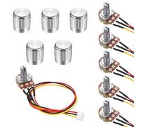 QUARKZMAN 5Set WH148 B5K Ohm Kit Potenziometro, Resistenze Variabili A 3 Pini Potenziometro Rotativo Singolo Lineare Con Cavo Di Collegamento Da 20Cm, Manopole Rotative Argentate, Dadi