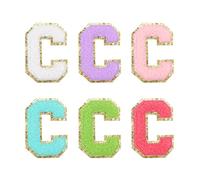 QUARKZMAN 6Pezzi Adesivi Autoadesivi Lettera C in Chenille con Bordo Dorato Glitter Patch Ricamato Applicazione a Ferro per Abbigliamento Borsa Laptop Custodia per Telefono, Multi-Colori