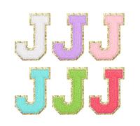 QUARKZMAN 6pz Lettere J in Chenille Autoadesive con Bordo Glitter Oro Patch Ricamate Applicazione Termoadesiva per Abbigliamento Borsa Laptop Custodia per Telefono, Multicolori