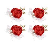 QUARKZMAN Bracciale da polso con fiore artificiale, confezione da 4, rosa da polso per sposa e sposo, decorativo per cerimonia di matrimonio, festa di promenade, anniversario, 7x7 cm, rosso