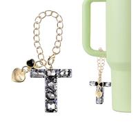 QUARKZMAN Charm A Lettera Per Stanley Tumbler Cup, Accessori Charm Lettera T Con Fiocco Cuore E Pietre Rhinestone Per Tazze Con Manico O Altre Borracce Per Donne, Nero