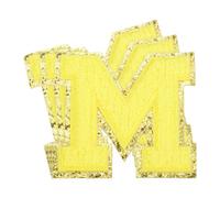 QUARKZMAN Lettere Ciniglia x Toppe Grandi Dimensioni 3,15"x3,35" Forma M Lettere x Toppe Termoadesive Toppe Ricamate Scintillio Dorati per Abbigliamento Scarpe Cappello Zaini 3pz(Giallo)