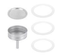 QUARKZMAN Ricambi per Caffettiera in Alluminio per Piano Cottura con 1Pz Filtro e 3Pz Guarnizioni in Silicone, 1 Imbuto 74x64x4.5mm per Caffettiera Moka da 9 Tazze (Argento)