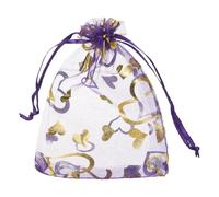 QUARKZMAN Sacchetti Organza, 10 x 12cm, Buste Regalo con Coulisse Cuore in Rete Trasparente, Sacchettini Bomboniere Ingrosso, Sacchetti per Gioielli,(Viola Scuro-Oro, 50Pz)