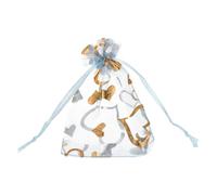 QUARKZMAN Sacchetti Organza, 7 x 9cm, Buste Regalo con Coulisse Cuore in Rete Trasparente, Sacchettini Bomboniere Ingrosso, Sacchetti per Gioielli,(Azzurro-Oro, 100Pz)