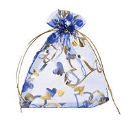 QUARKZMAN Sacchetti Organza, 9 x 12cm, Buste Regalo con Coulisse Cuore in Rete Trasparente, Sacchettini Bomboniere Ingrosso, Sacchetti per Gioielli,(Blu Brillante-Oro, 50Pz)