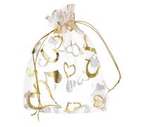 QUARKZMAN Sacchetti Organza, 9 x 12cm, Buste Regalo con Coulisse Cuore in Rete Trasparente, Sacchettini Bomboniere Ingrosso, Sacchetti per Gioielli,(Bianco-Oro, 100Pz)