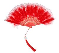 QUARKZMAN Ventaglio a Mano Piuma Rosso Ventaglio Pieghevole Vintage Nappine Ventaglio a Mano 43x23cm per Decorazione Balli Nozze per Feste Halloween,1pz