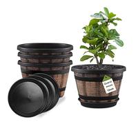 Quarut Set di 4 vasi per piante da 30,5 cm, grandi vasi da whisky con fori di drenaggio e piattino. Vasi da fiori in plastica, design a botte di vino, per interni ed esterni, giardino, piante