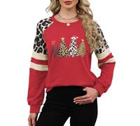 Quatrefox Felpa da donna in cotone pullover casual girocollo top patchwork contrasto leopardato camicetta per autunno inverno primavera, Rosso con albero, L