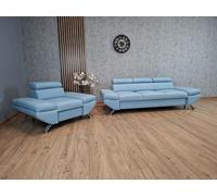 Quattro Meble Un set di divano Varsovia in pelle naturale robusta e durevole Toledo Sky Blue in vera pelle