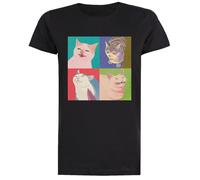 Quattro Meme Gatti di Il Apocalisse T-Shirt Nera Femminile Manica Corta Regolare