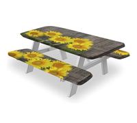 QUCDECIS Tovaglia con angoli per panca da picnic con girasoli, colore marrone giallo Helianthus contro le intemperie e la recinzione invecchiata, 71 x 183 cm, set da 3 pezzi, per picnic interni ed