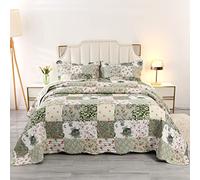 Qucover Copriletto Trapuntato Matrimoniale Patchwork, Copriletti Ultrasuoni in Poliestere Leggere, Trapunta Sottile Estivo Primaverile 220x230 cm con 2 Federe, Verde