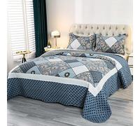 Qucover Copriletto Trapuntato Patchwork 250x270cm, Copriletti per Letto Matrimoniale Estivo & Primaverile, Trapuntino in Microfibra, 3 Pezzi con 2 Federe 50x90cm, Blu Scuro