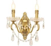 qudkdhs Elegant Vintage Crystal Wall Sconce - Gold Brass 1-Light/2-Light Candle Wall Lamp for Living Room, Bedroom, Hallway, And Bathroom(2-Lights)