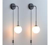qudkdhs Juego de dos apliques de pared enchufables con pantalla de cristal esférica - Iluminación interior negra y dorada para dormitorio y sala de estar (negro)