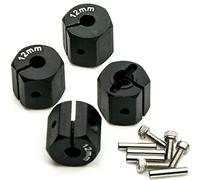 Que-T Adattatori esagonali per ruote in alluminio, spessore 12 mm, con perni e viti, per la maggior parte delle auto cingolate RC 1/10, colore nero