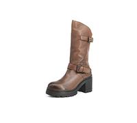 QUEEN HELENA Stivali Biker di Pelle Stivaletti con Tacco Plateau Zip Laterale Donna QH22L267 (Marrone, numeric_39)