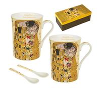 Queen Isabell - Set di 2 tazze da caffè da 250 ml, con cucchiaio per due peroni, il bacio di Gustav Klimt, idea regalo in porcellana