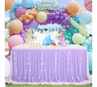 QueenDream Gonna da tavolo viola per baby shower, 1,8 m, tutù, con LED per sirena, farfalla, compleanno, matrimonio, decorazione, 2 strati di tulle