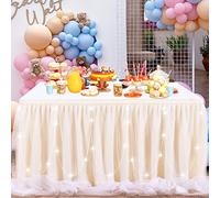 QueenDream Ivory Tulle Table Skirts for Wedding 14ft Tutu Ivory Table Cloth for Birthday Party Baby Shower Banquet Table Decorations