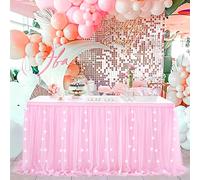 QueenDream Rectangle Table Skirt Pink 14FT Tulle Table Skirting LED Tutu Tablecloth for Wedding Birthday Party Baby Shower Decorations