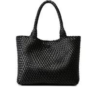 Queenoris - Borsa intrecciata da donna, alla moda, con manico superiore, borsa a tracolla in ecopelle, grande, da viaggio, nero, Medium