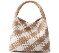 Queenoris Fashion Woven Purse for Women Top-handle Shoulder Bag Soft Summer Hobo Tote Bag (Apricot and white contrasting)