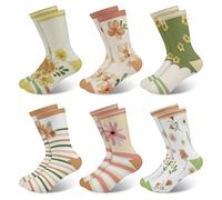 Queenshin 6 Paia Calzini Bambino Bambini Calze Ragazza con Simpatico Fiore e Design a Righe Calzino Crew Morbido Traspirante Regalo 5-8 Anni Taglia 28-32