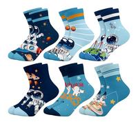 Queenshin 6 Paia di Calze Ragazzo Calzini Bambino con Modello Astronauta Blu Infantile Calzini Corti Regalo Morbido in 5-8 Anni Taglia 28-32