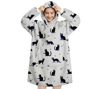 Queenshin Felpa Coperta Indossabile con Cappuccio Donna e Uomo Gatto Grigio, Oversize Coperta Plaid con Maniche Poncho in Pile Sherpa Morbida e Calda