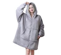 Queenshin Grigio Felpa Coperta Indossabile Con Cerniera e Cappuccio Donna e Uomo Regalo, Oversize Spessa Coperta Plaid con Maniche Poncho in Pile Sherpa Super Morbida e Calda