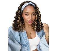 QUEENTAS Brown Mixed Black Deep Wavy Headband Wig, 14" Deep Wave Sintic Headband Wig for Women - Glueless Lightweight Natural Look Easy to Wear Forehead Band Wigs