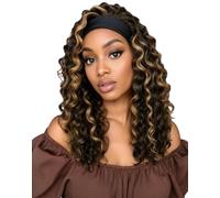 QUEENTAS Brown Mixed Black Deep Wavy Headband Wig, 16" Deep Wave Sintic Headband Wig for Women - Glueless Lightweight Natural Look Easy to Wear Forehead Band Wigs
