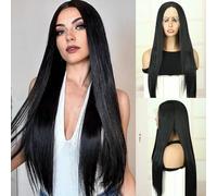 Queentas Parrucca lunga nera dritta da donna, 33 x 3 cm, parrucca sintetica resistente al calore, con riga centrale, 76 cm, per uso quotidiano e feste (nero)